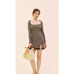 B Fleurs Brown Checked Plaid Wool Blend Mini Dress 4